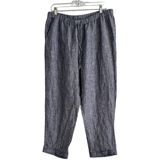 Pure Navy 100% Linen Knit Blue Drawstring Pull On Cuffed Cropped‎ Pants Size Lg - Picture 1 of 9